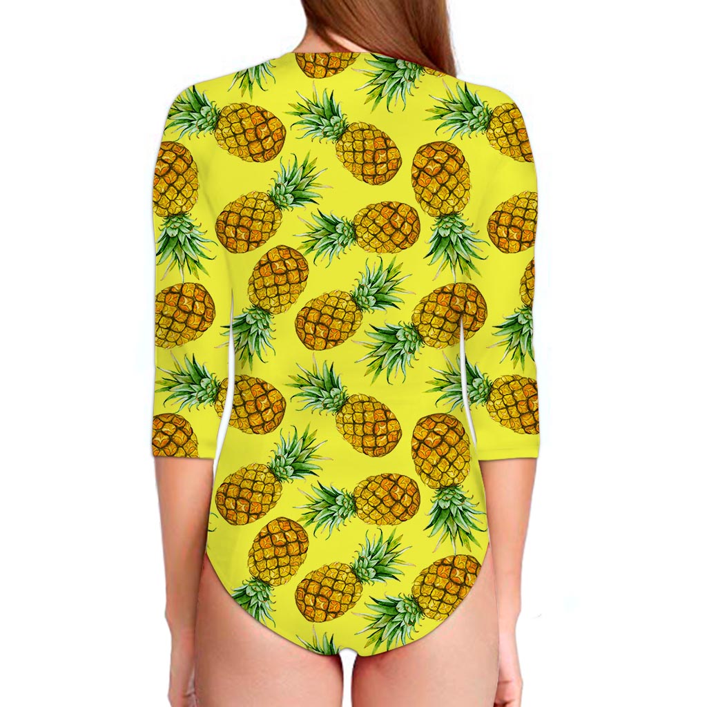Pastel Yellow Pineapple Pattern Print Long Sleeve Swimsuit