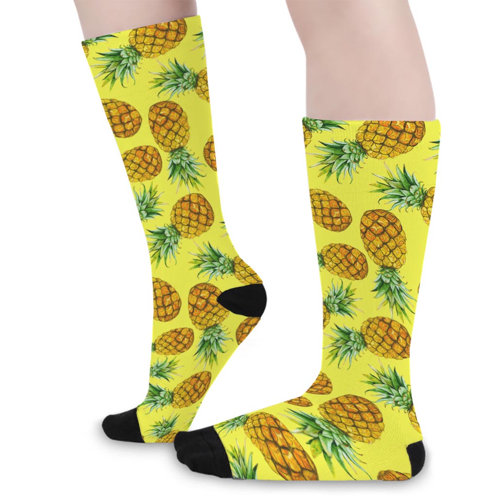 Pastel Yellow Pineapple Pattern Print Long Socks