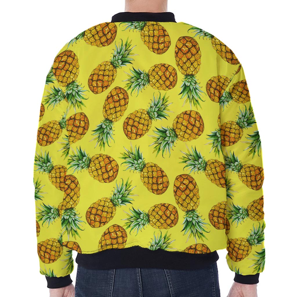 Pastel Yellow Pineapple Pattern Print Zip Sleeve Bomber Jacket