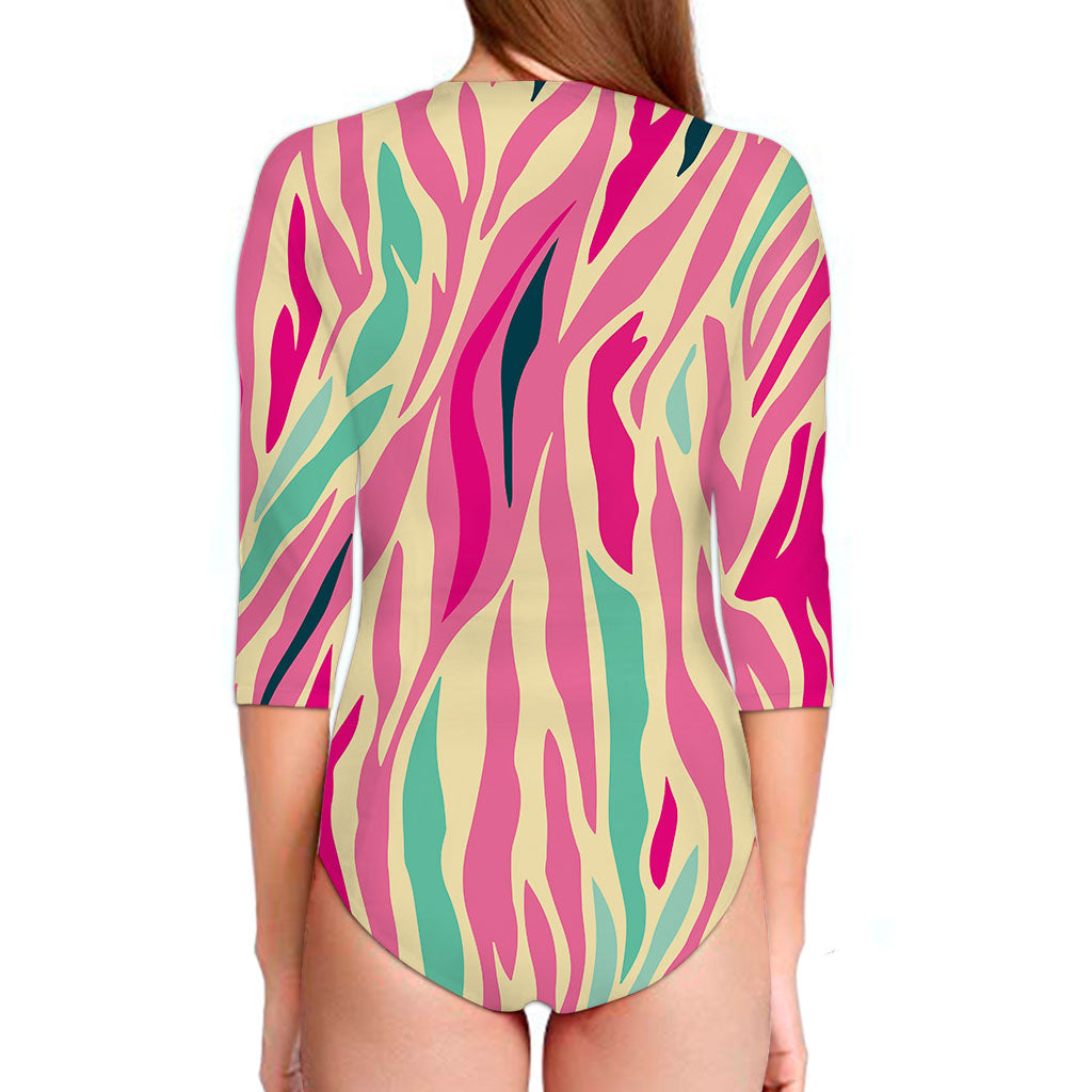 Pastel Zebra Pattern Print Long Sleeve Swimsuit