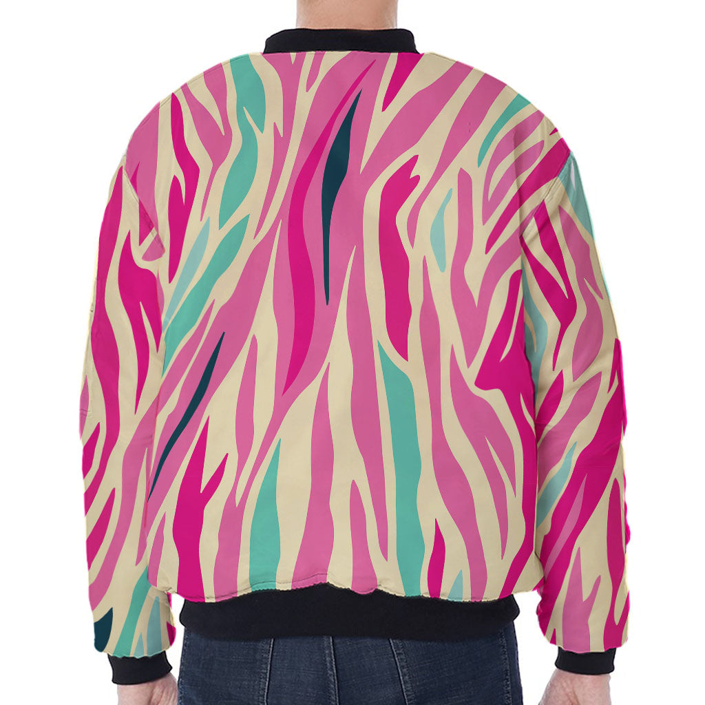 Pastel Zebra Pattern Print Zip Sleeve Bomber Jacket