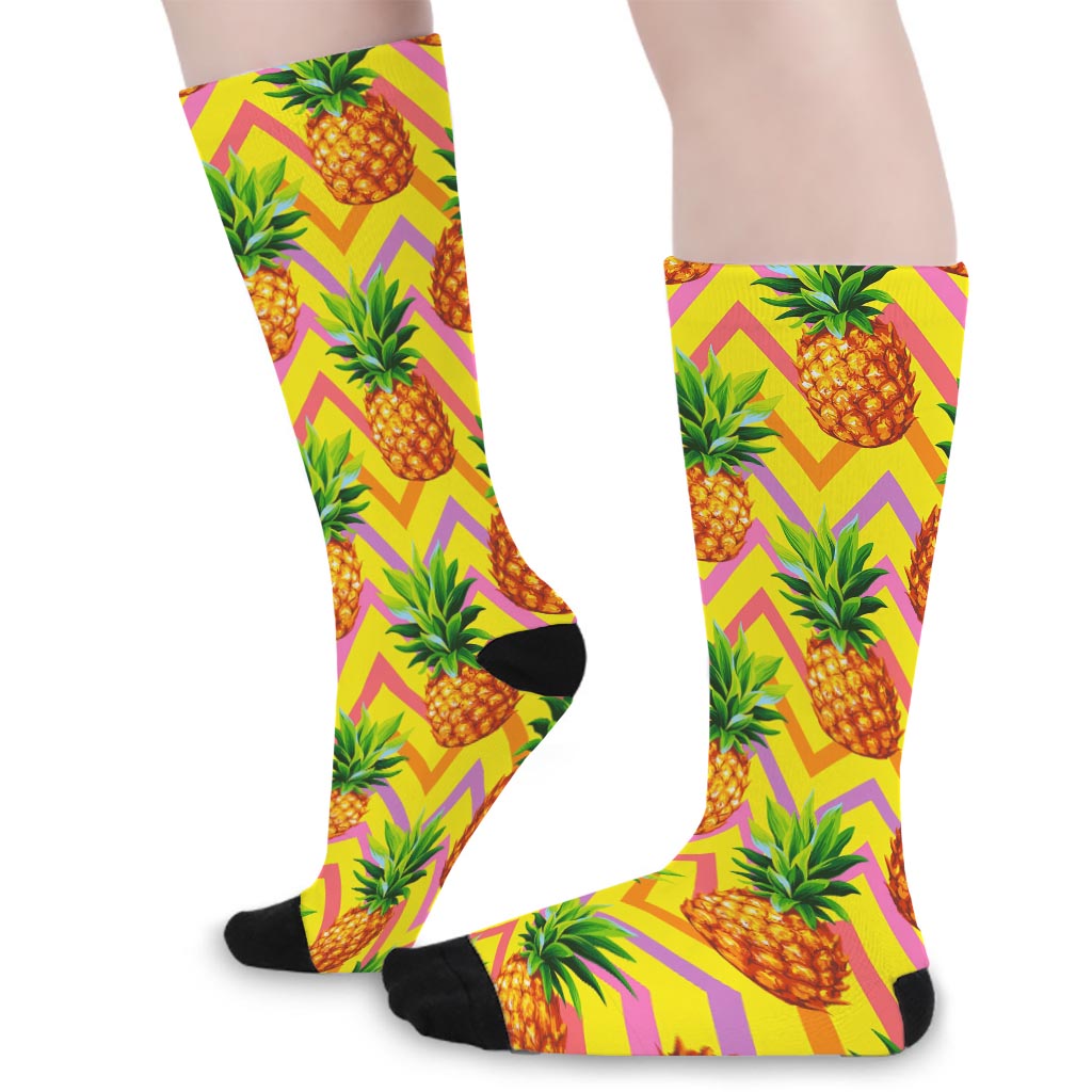 Pastel Zig Zag Pineapple Pattern Print Long Socks