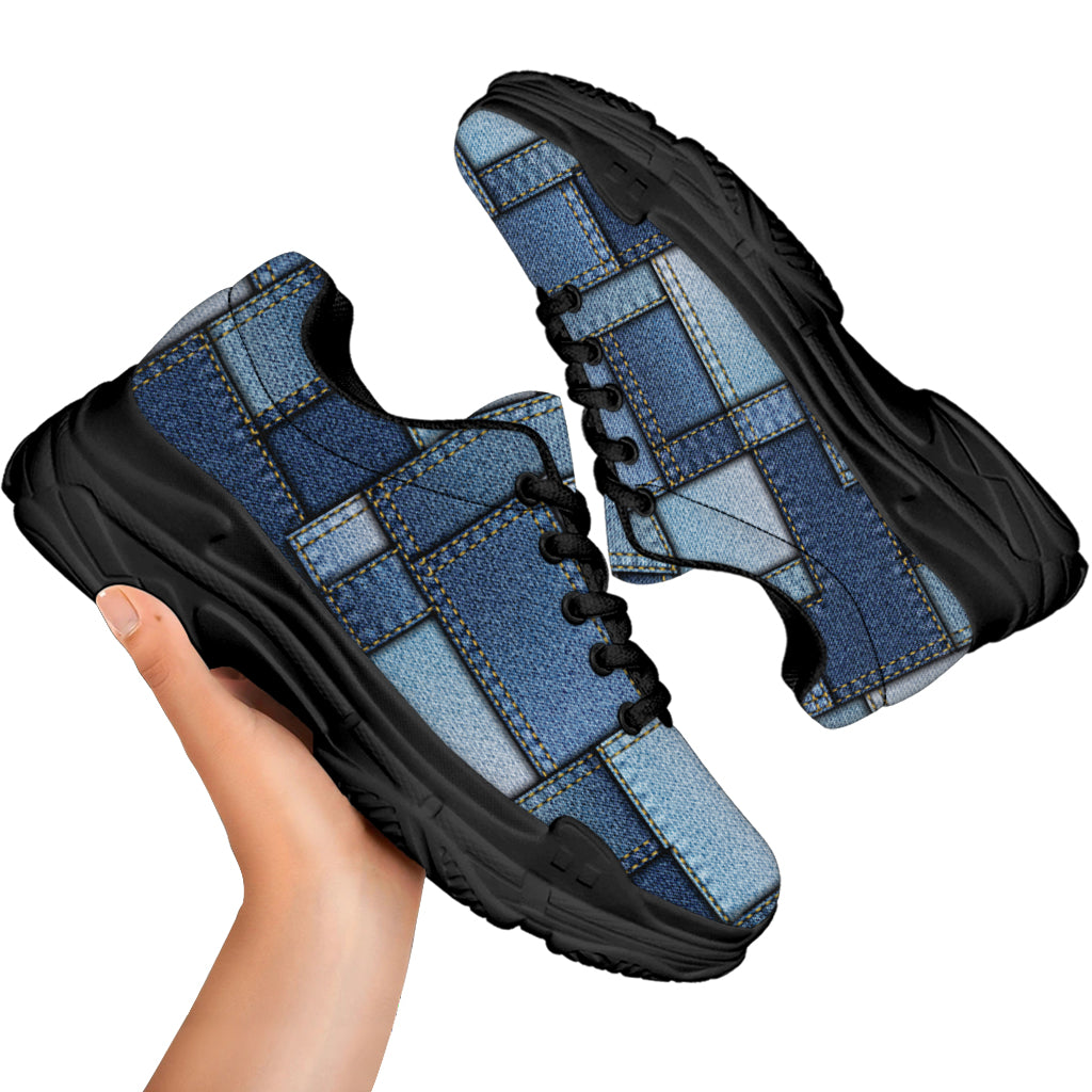 Patchwork Denim Jeans Pattern Print Black Chunky Shoes