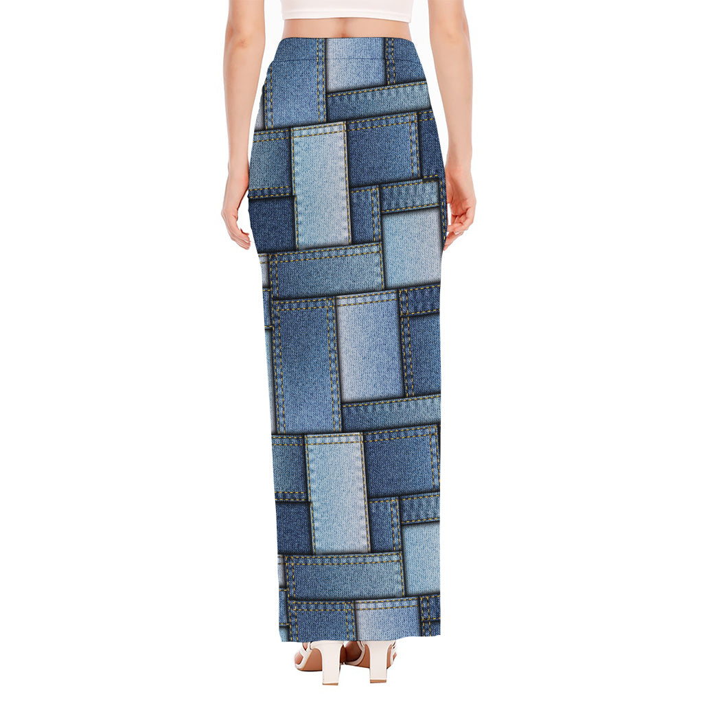 Patchwork Denim Jeans Pattern Print High Slit Maxi Skirt
