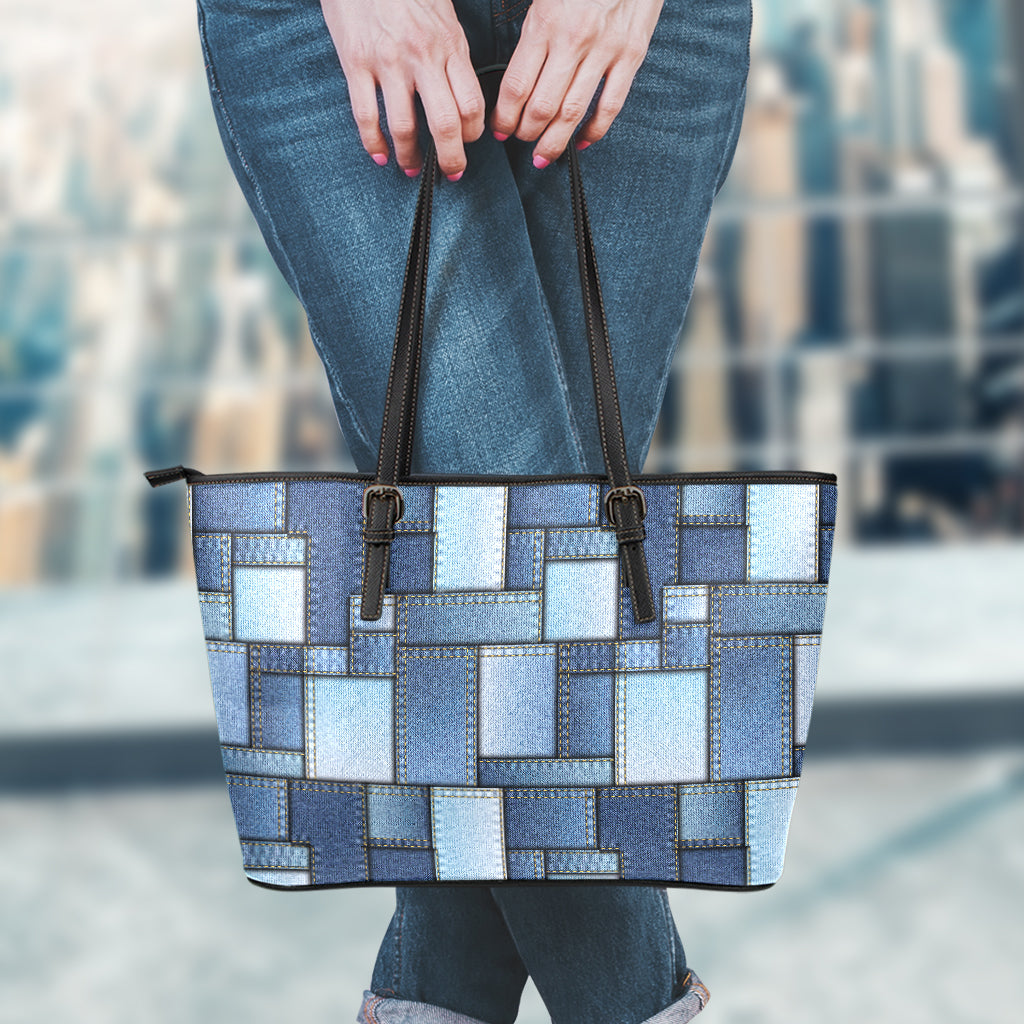 Patchwork Denim Jeans Pattern Print Leather Tote Bag