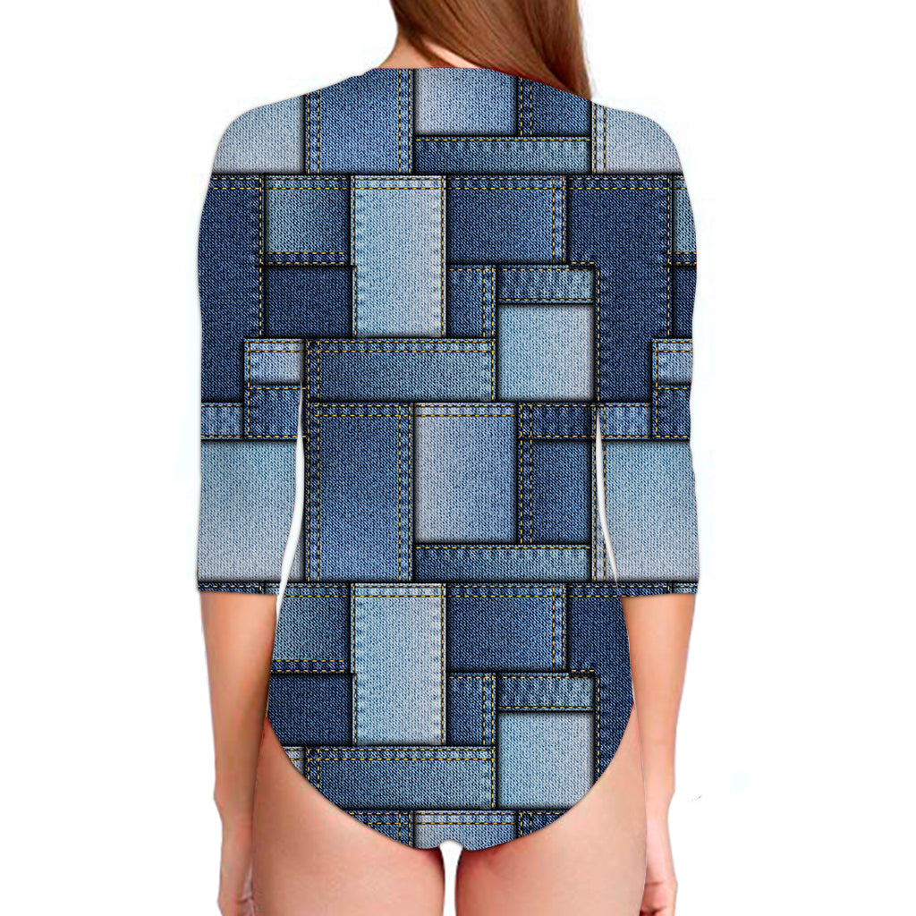Patchwork Denim Jeans Pattern Print Long Sleeve Swimsuit
