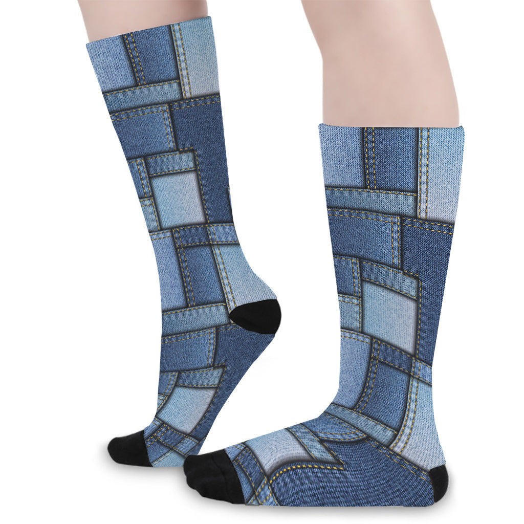 Patchwork Denim Jeans Pattern Print Long Socks
