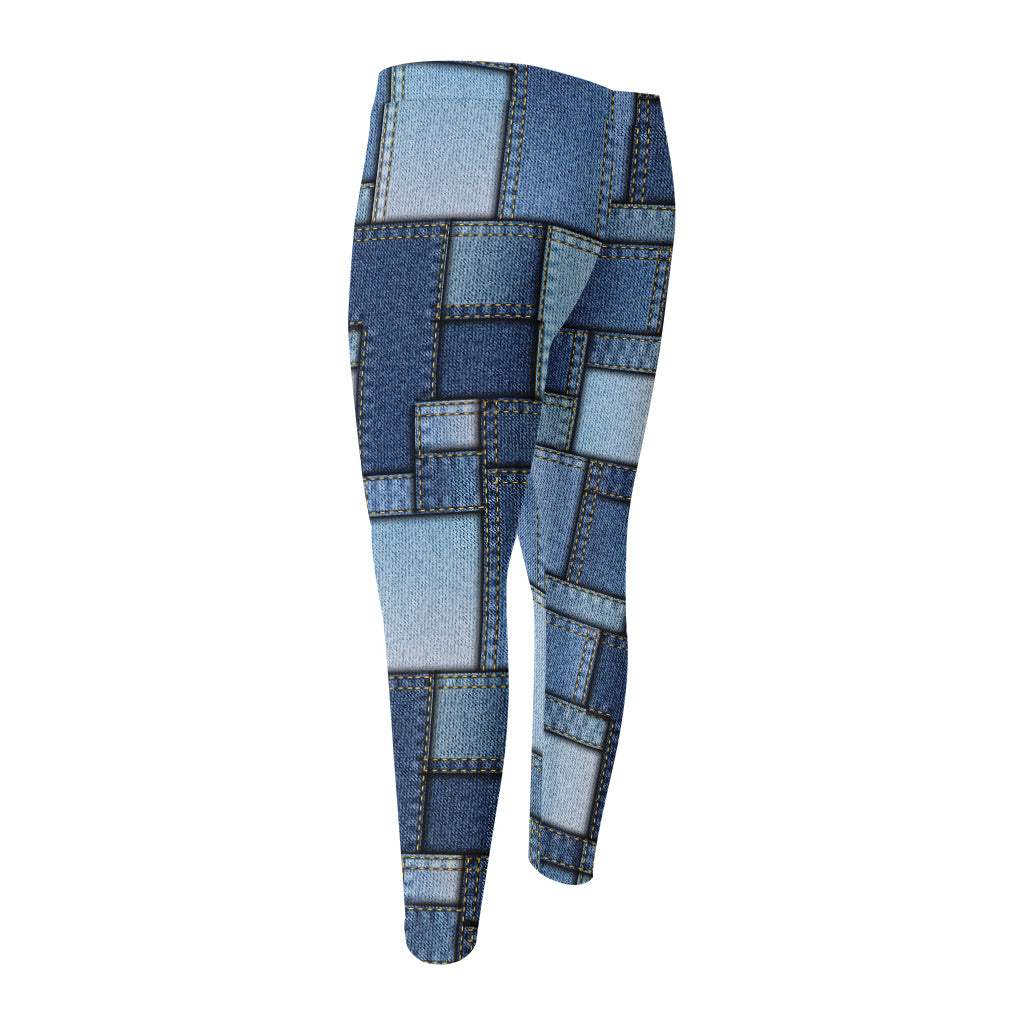 Patchwork Denim Jeans Pattern Print Men's Compression Pants