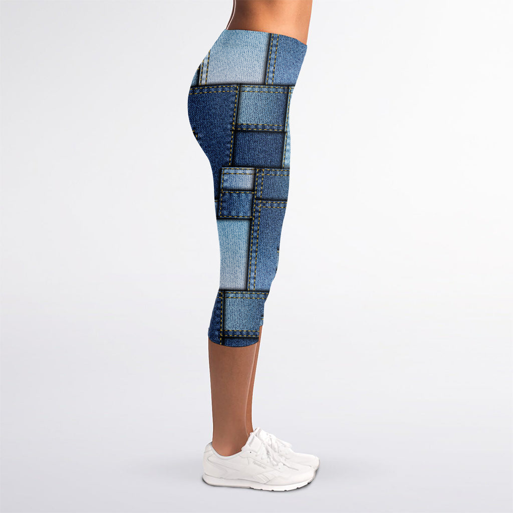 Patchwork Denim Jeans Pattern Print Women's Capri Leggings