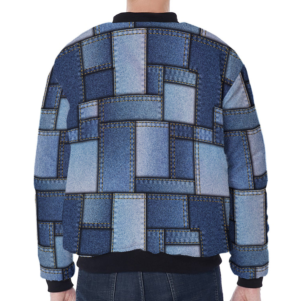 Patchwork Denim Jeans Pattern Print Zip Sleeve Bomber Jacket