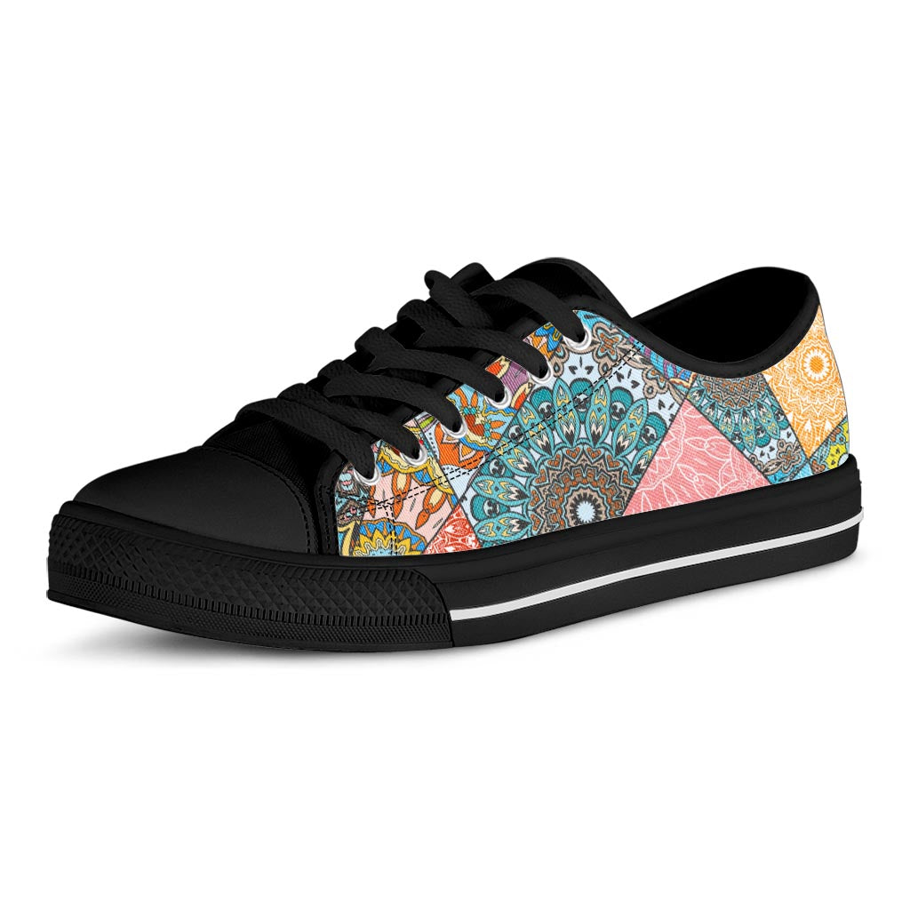 Patchwork Mandala Bohemian Pattern Print Black Low Top Sneakers