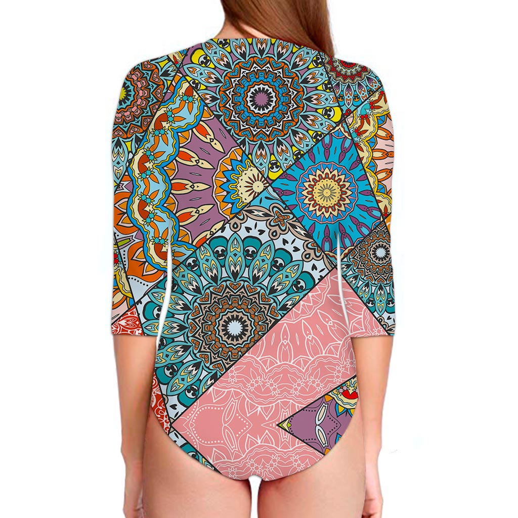 Patchwork Mandala Bohemian Pattern Print Long Sleeve Swimsuit