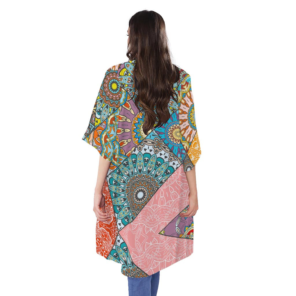 Patchwork Mandala Bohemian Pattern Print Open Front Beach Cover Up