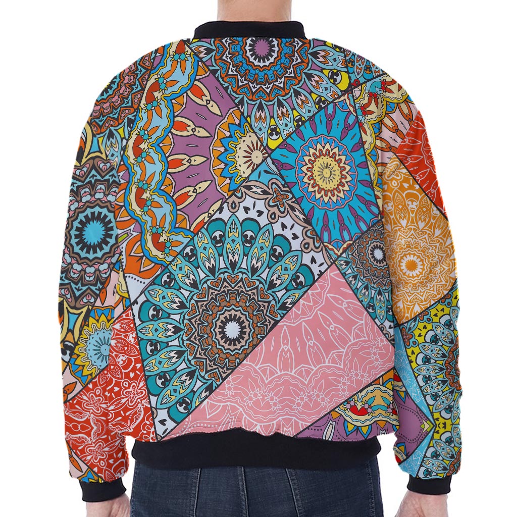 Patchwork Mandala Bohemian Pattern Print Zip Sleeve Bomber Jacket