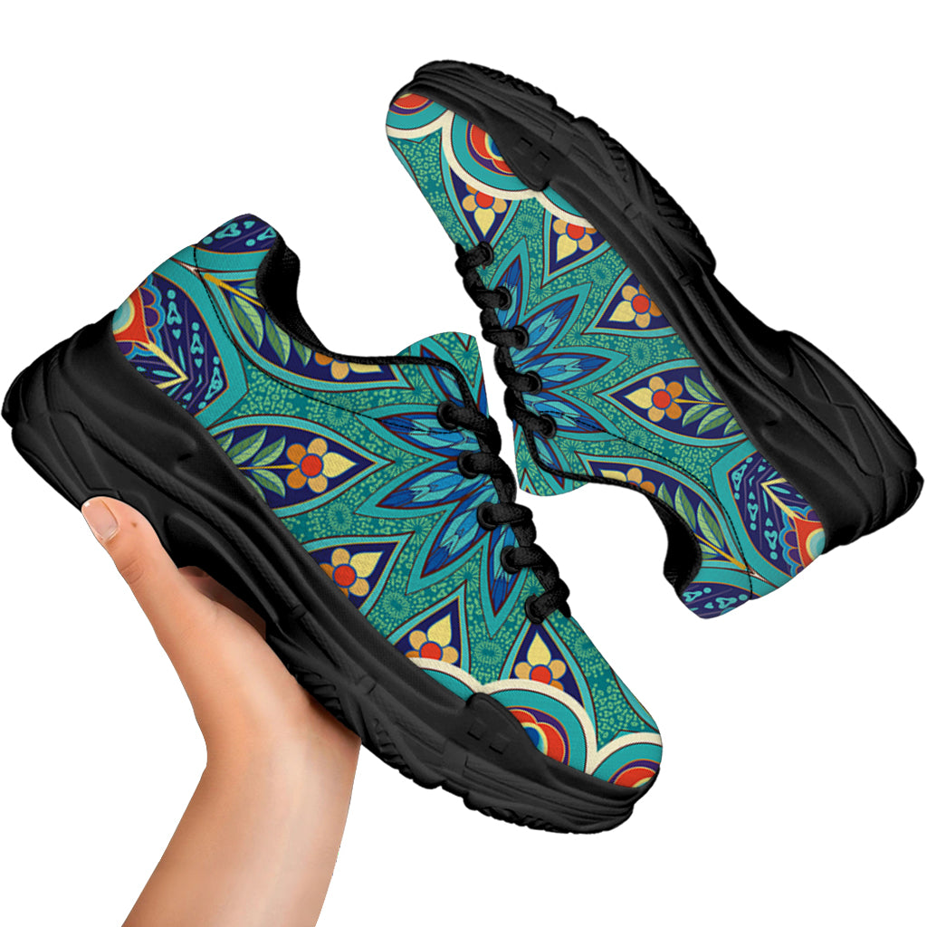 Peacock Feather Floral Pattern Print Black Chunky Shoes