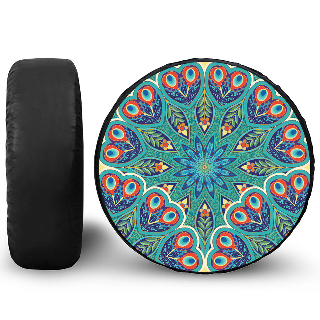 Peacock Feather Floral Pattern Print Leather Spare Tire Cover