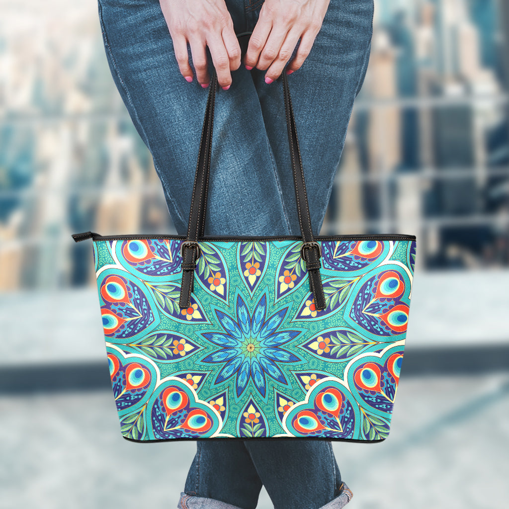 Peacock Feather Floral Pattern Print Leather Tote Bag