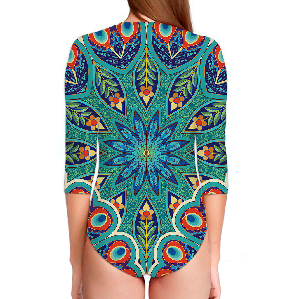 Peacock Feather Floral Pattern Print Long Sleeve Swimsuit