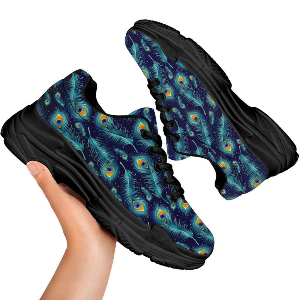 Peacock Feather Pattern Print Black Chunky Shoes