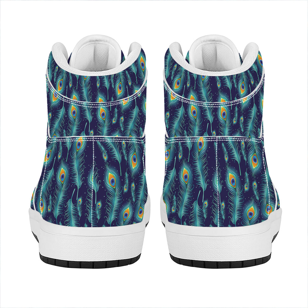 Peacock Feather Pattern Print High Top Leather Sneakers