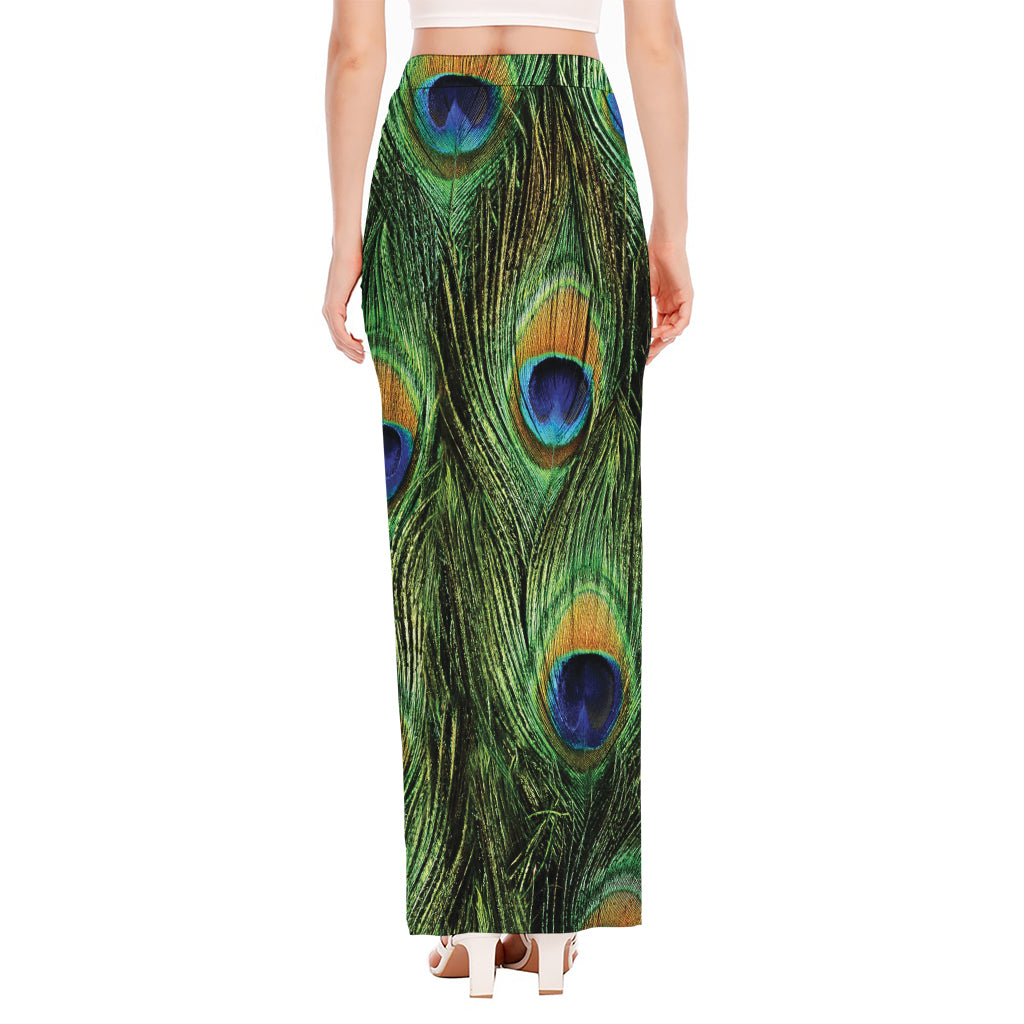Peacock Tail Print High Slit Maxi Skirt
