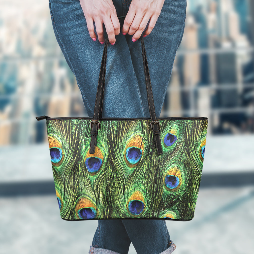 Peacock Tail Print Leather Tote Bag