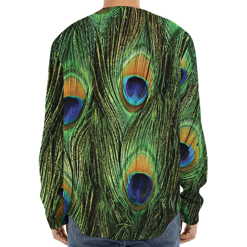 Peacock Tail Print Long Sleeve Baseball Jersey