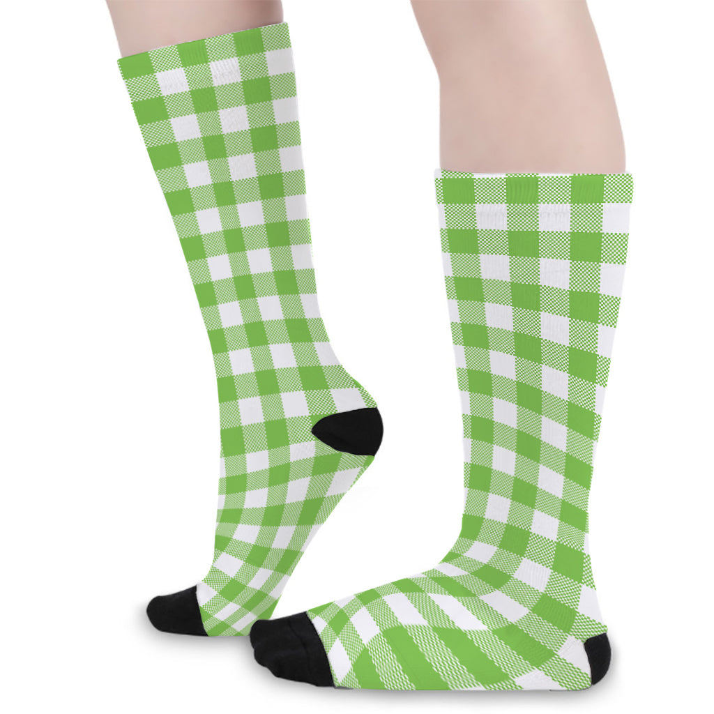 Pear Green And White Gingham Print Long Socks