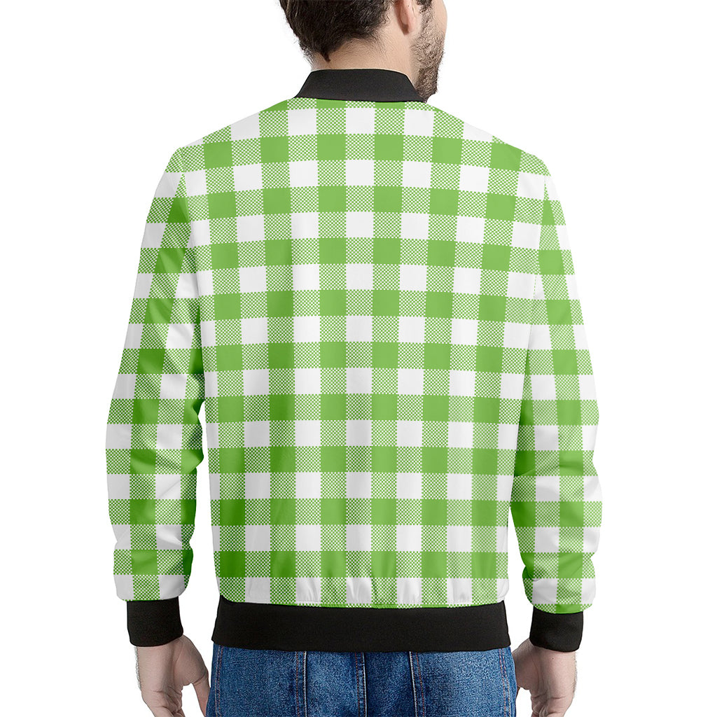 Pear Green And White Gingham Print Men's Bomber Jacket