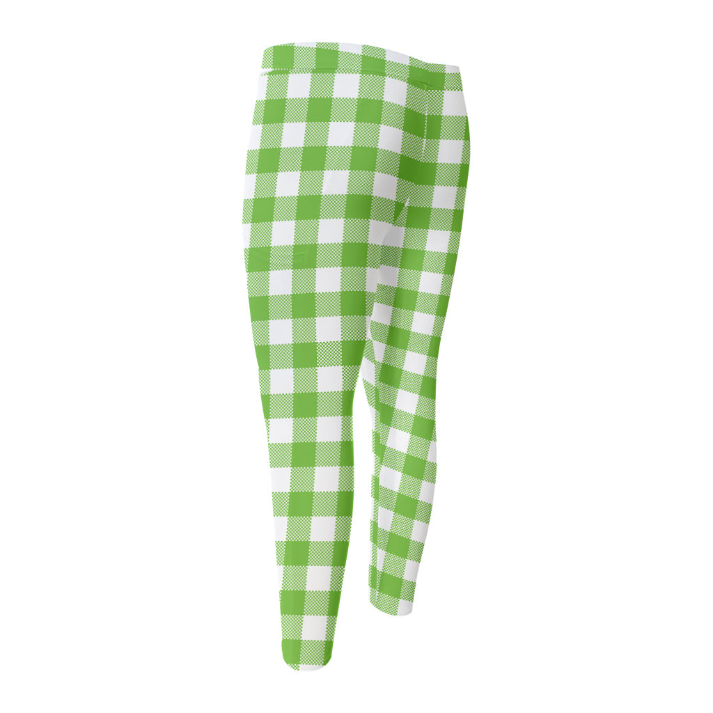 Pear Green And White Gingham Print Men's Compression Pants