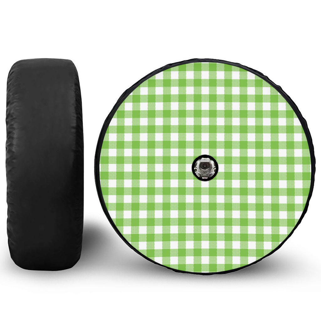 Pear Green And White Gingham Print Tire Cover With Camera Hole
