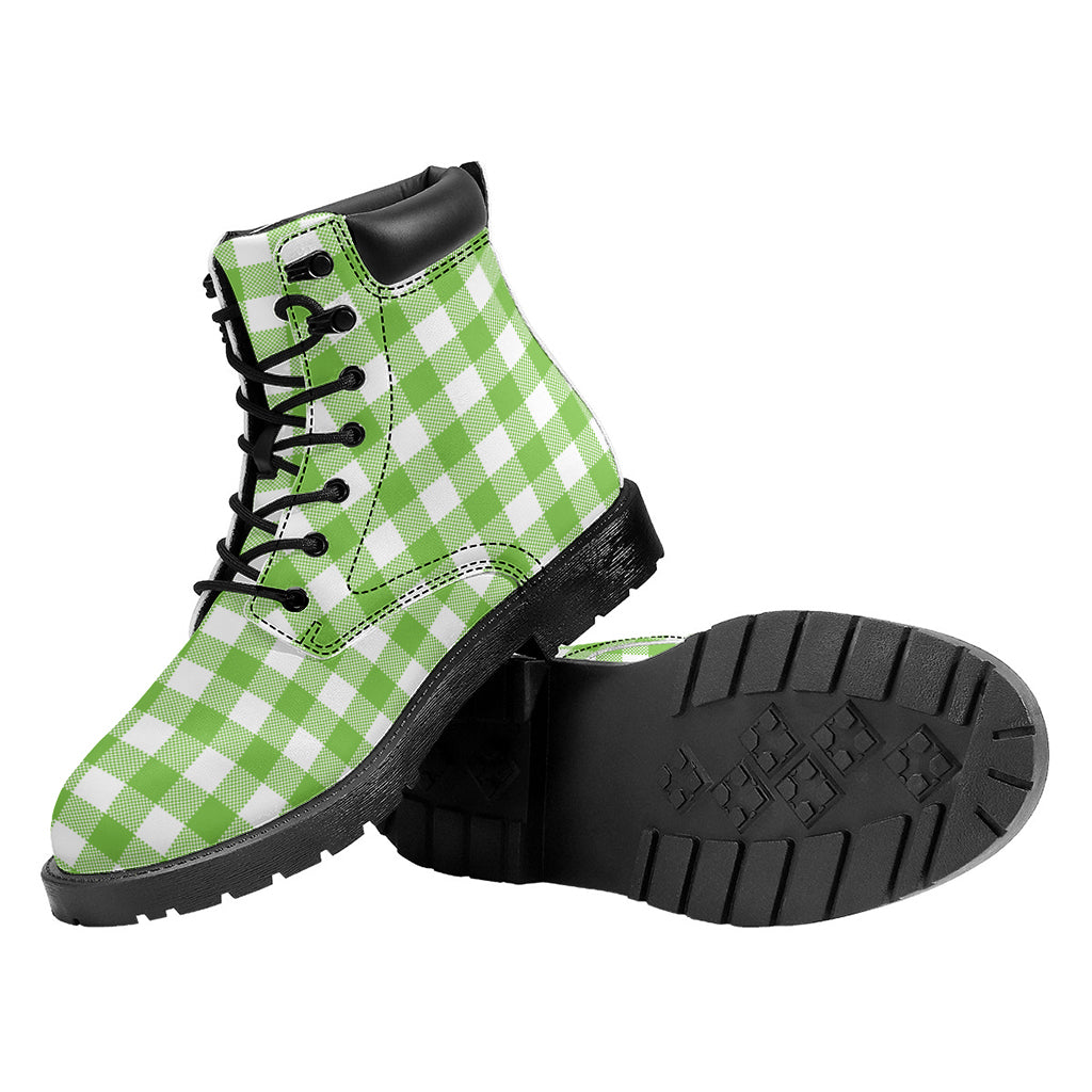 Pear Green And White Gingham Print Work Boots