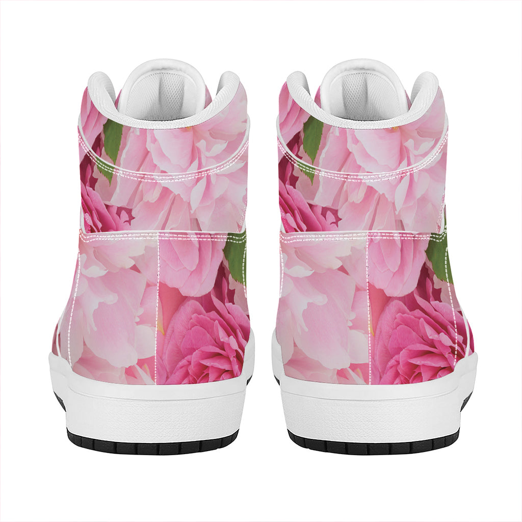 Peony And Rose Print High Top Leather Sneakers