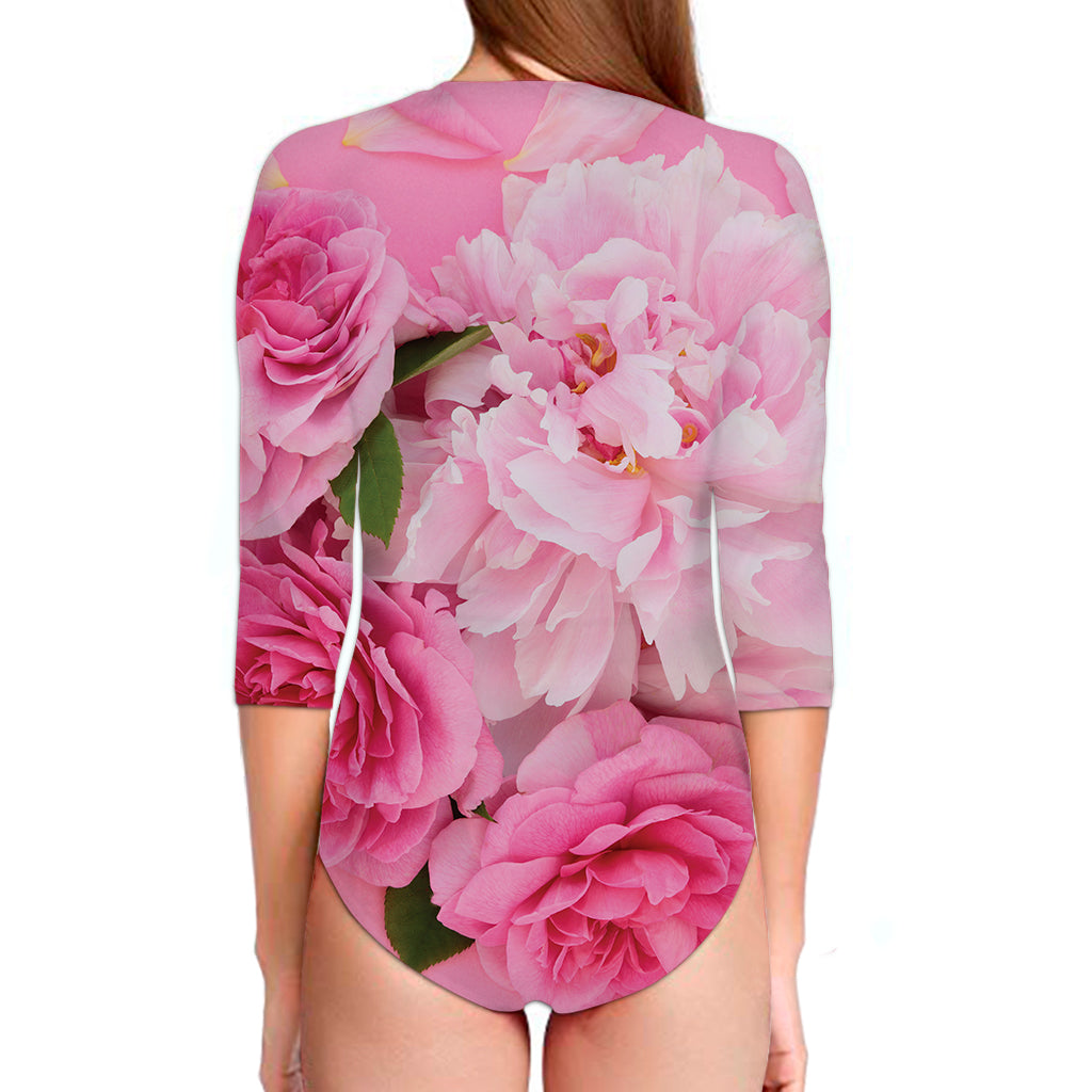 Peony And Rose Print Long Sleeve Swimsuit