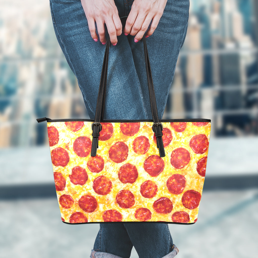 Pepperoni Pizza Print Leather Tote Bag