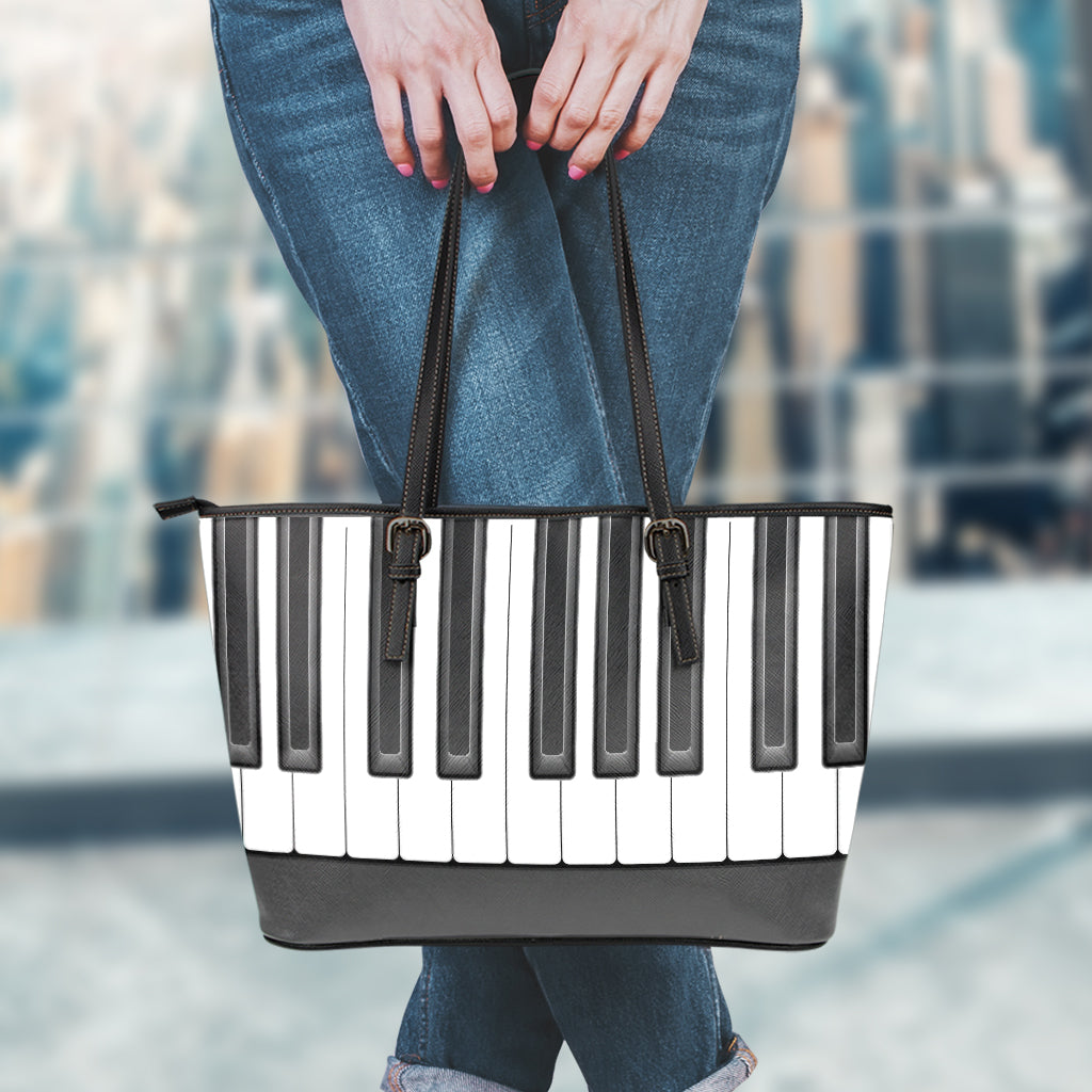 Piano Keyboard Print Leather Tote Bag
