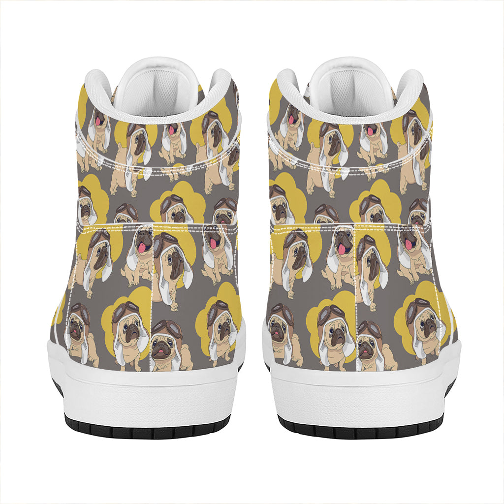 Pilot Pug Pattern Print High Top Leather Sneakers