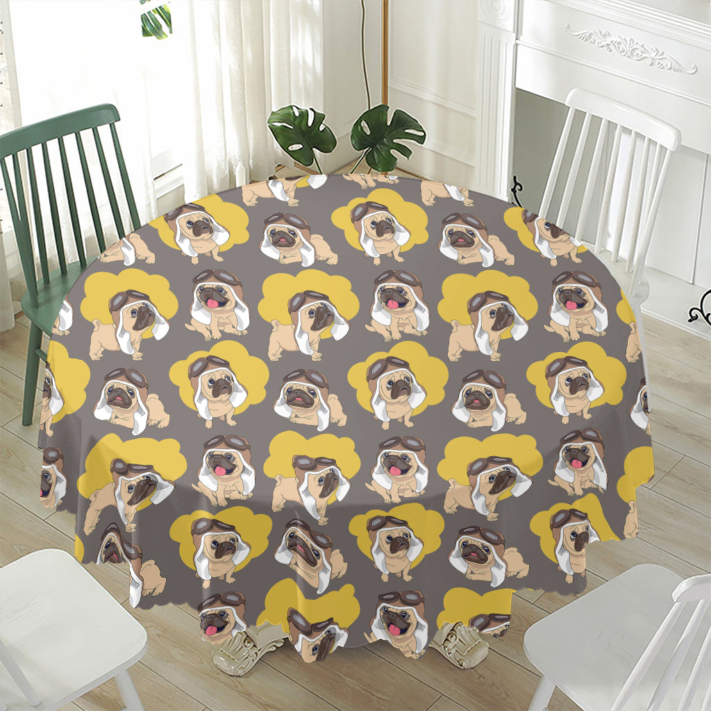 Pilot Pug Pattern Print Waterproof Round Tablecloth