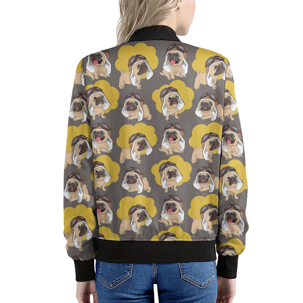 Pilot Pug Pattern Print Women's Bomber Jacket