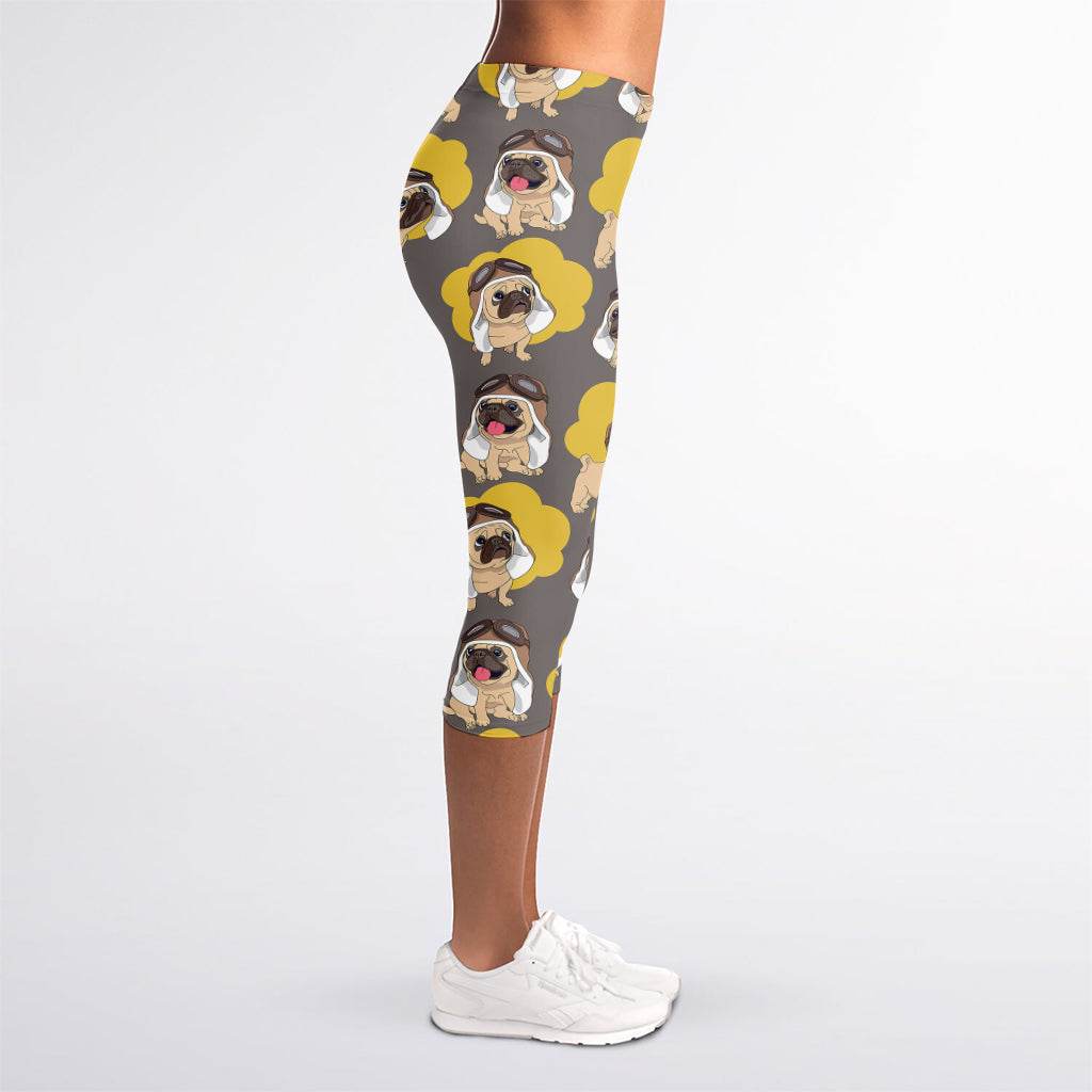 Pilot Pug Pattern Print Women's Capri Leggings
