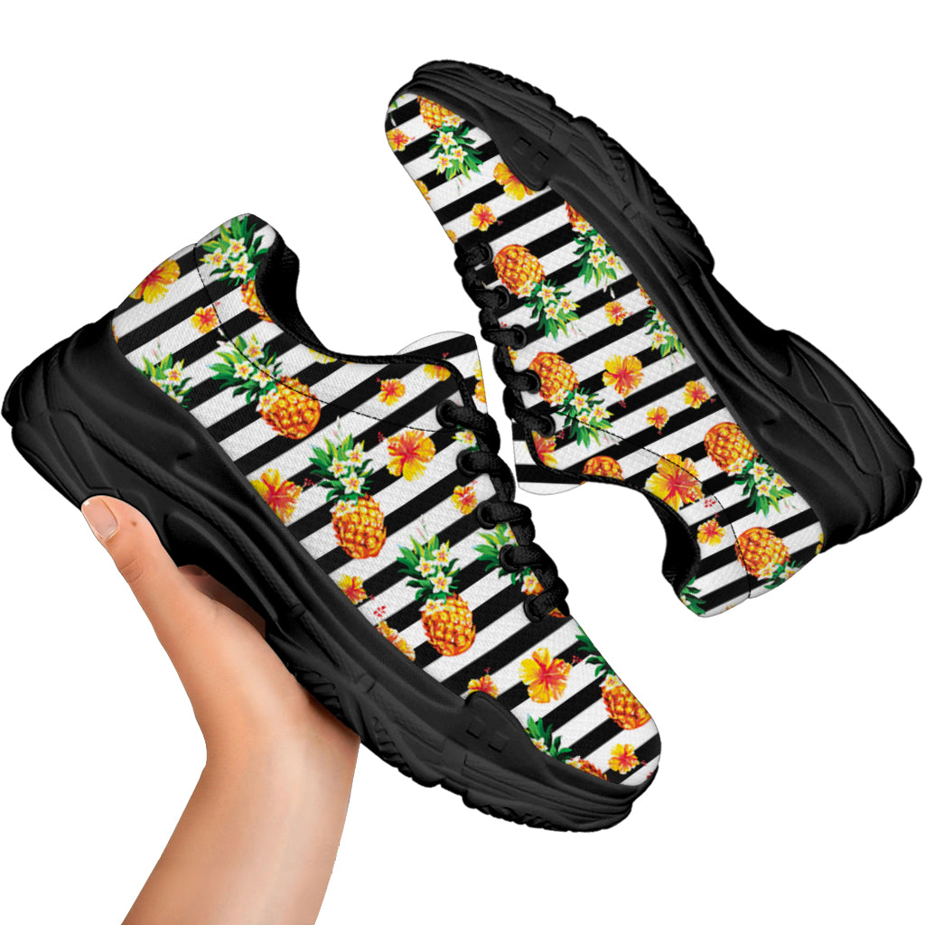 Pineapple And Hibiscus Striped Print Black Chunky Shoes