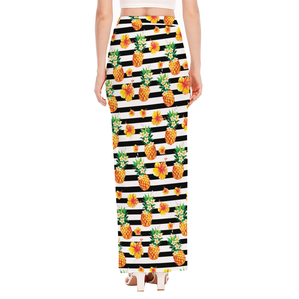 Pineapple And Hibiscus Striped Print High Slit Maxi Skirt