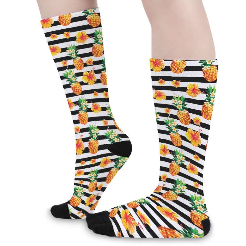Pineapple And Hibiscus Striped Print Long Socks