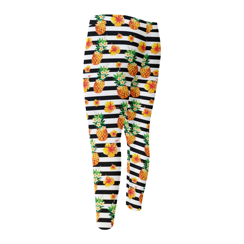 Pineapple And Hibiscus Striped Print Men's Compression Pants