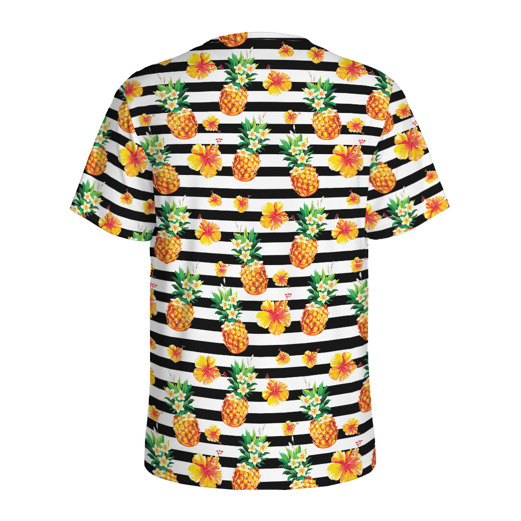 Pineapple And Hibiscus Striped Print Men's Sports T-Shirt