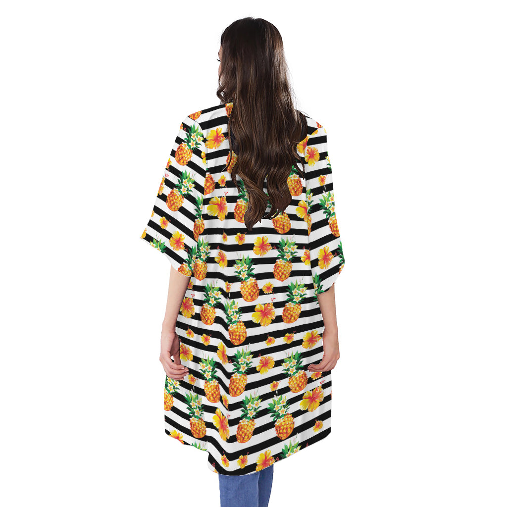 Pineapple And Hibiscus Striped Print Open Front Beach Cover Up