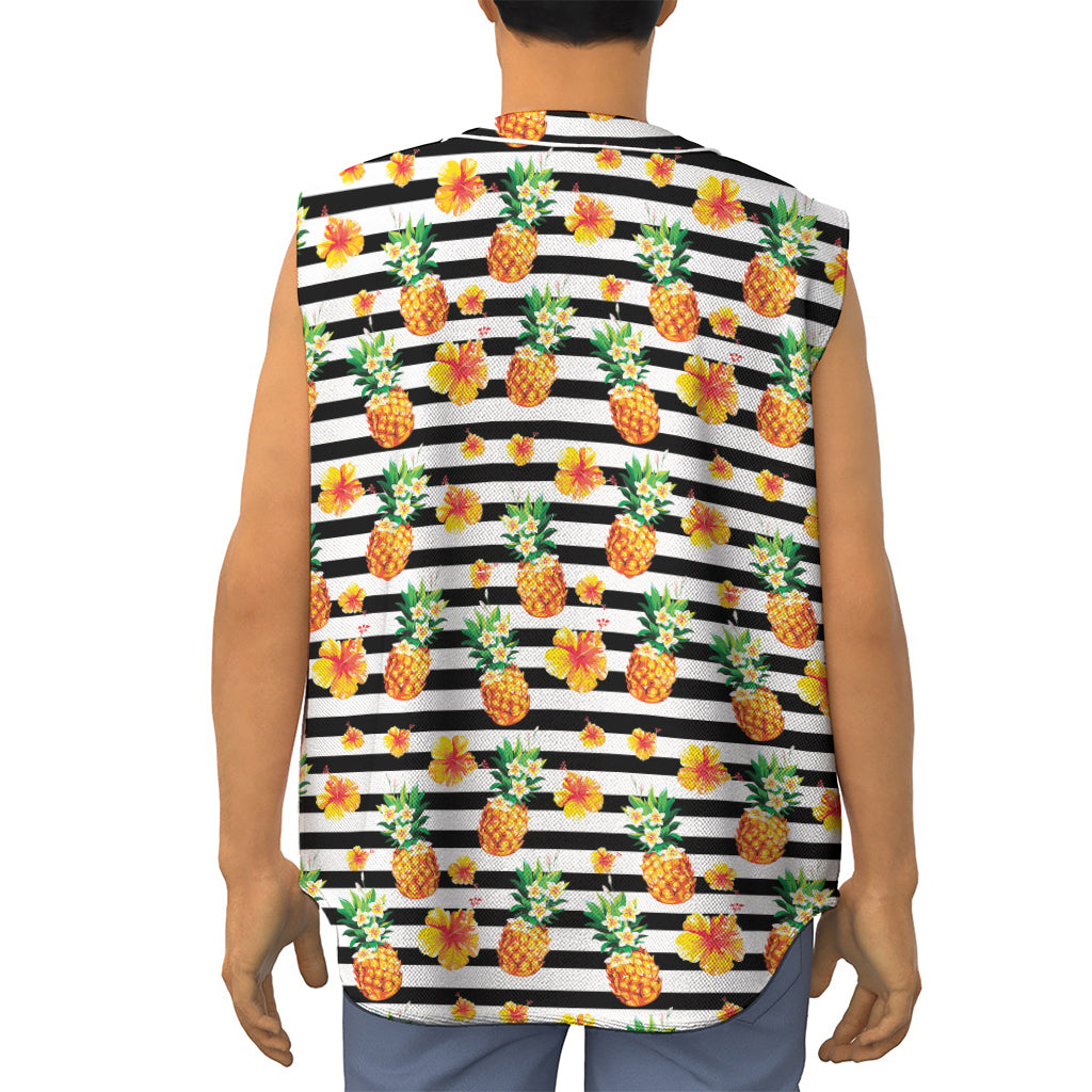 Pineapple And Hibiscus Striped Print Sleeveless Baseball Jersey