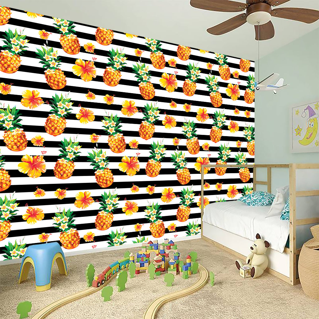 Pineapple And Hibiscus Striped Print Wall Sticker