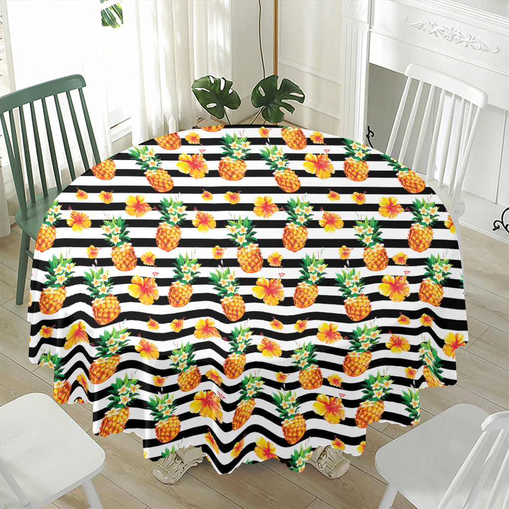Pineapple And Hibiscus Striped Print Waterproof Round Tablecloth
