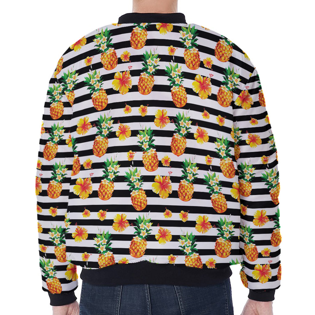 Pineapple And Hibiscus Striped Print Zip Sleeve Bomber Jacket